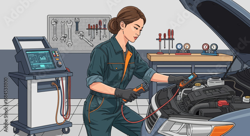 Skilled female mechanic diagnosing car trouble using advanced equipment