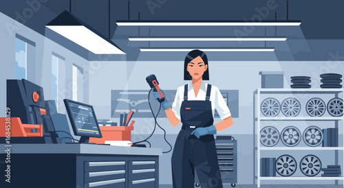 Skilled female mechanic inspecting automotive parts in modern workshop