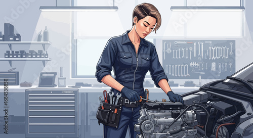 Skilled female mechanic meticulously repairing car engine with precision