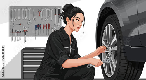 Skilled female mechanic meticulously works on a car's tire maintenance