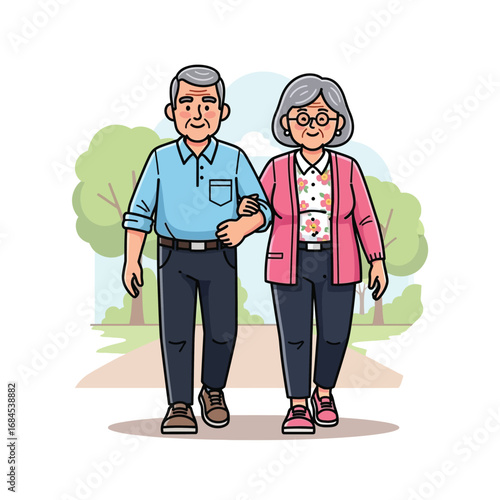 Senior couple walking together in the park, cartoon style