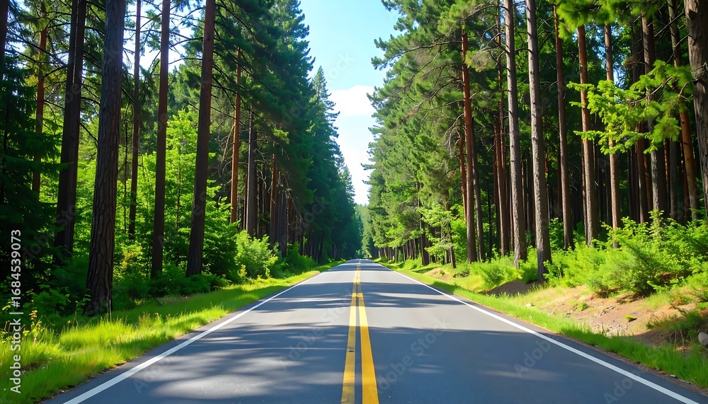 Obraz premium A scenic paved road winds through a lush, green forest, bathed in sunlight.