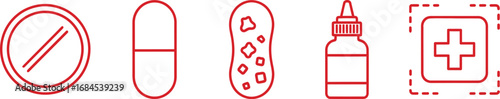 Medicine and health care pills capsules drops first aid outline
