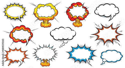 Collection of Dynamic Comic Book Style Speech Bubbles with Halftone Patterns and Bold Outlines
