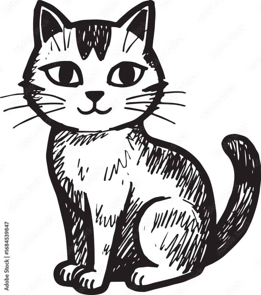 Obraz premium Cat Doodle Black and White Illustration Vector Image Cute Kitten Sketch Line Art Drawing Silhouette 