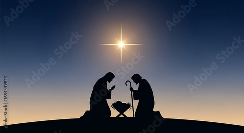 Silhouette of Mary and Joseph kneeling before baby Jesus in a manger, under a bright star.