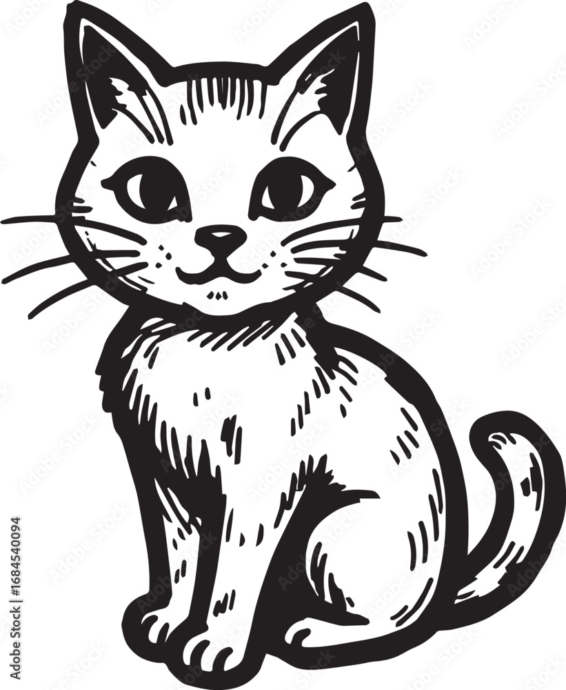 Obraz premium Cat Doodle Black and White Illustration Vector Image Cute Kitten Sketch Line Art Drawing Silhouette 