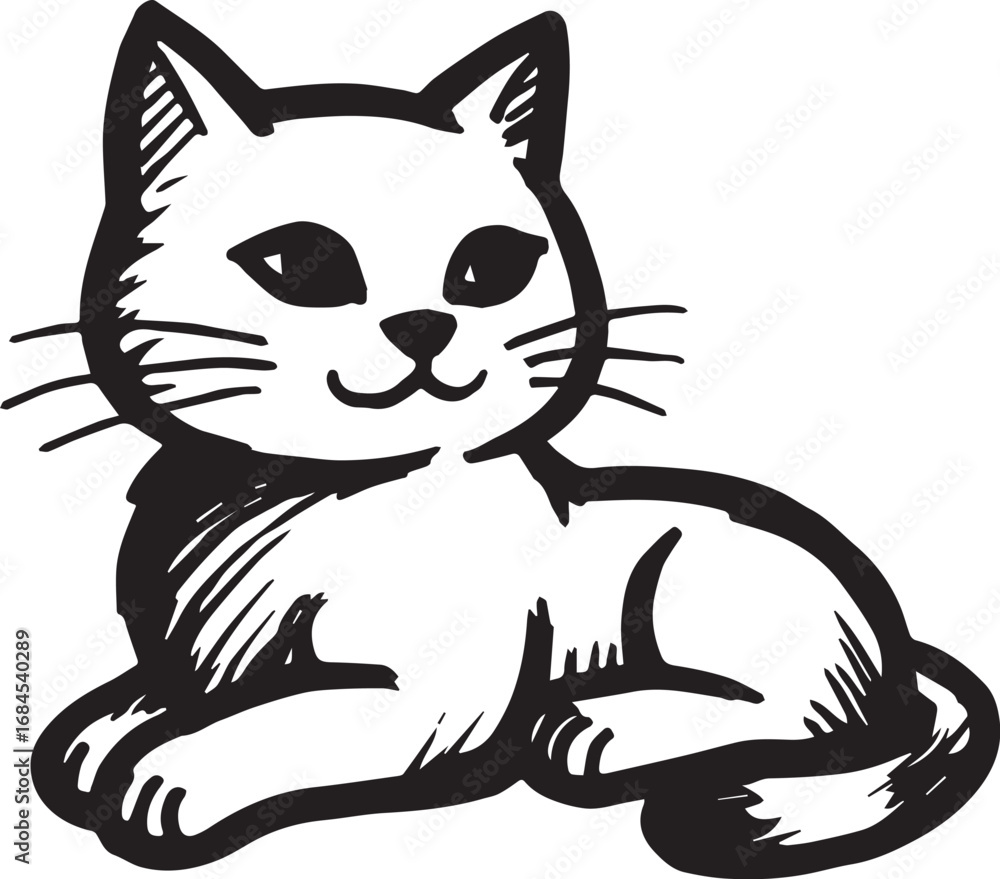 Obraz premium Cat Doodle Black and White Illustration Vector Image Cute Kitten Sketch Line Art Drawing Silhouette 