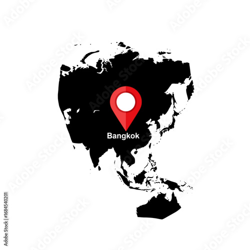 Geographic representation of Asia with a pinpoint marking the location of Bangkok city