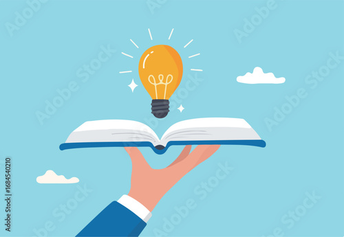 Knowledge or education, study or learning new skill, creativity or idea, reading book for inspiration, discover solution or literature, wisdom concept, hand hold open book to discover lightbulb idea