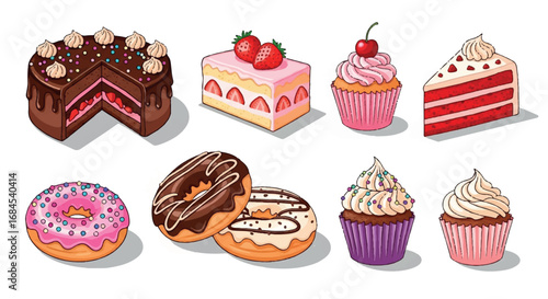Assortment of Delicious Cakes Cupcakes and Donuts.