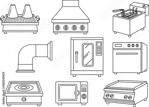 Commercial kitchen restaurant equipment outline vector drawing