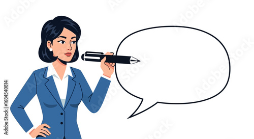 Professional woman drawing a speech bubble with a pen conveying an idea or opinion