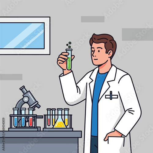 Scientist holding test tube with green liquid in laboratory interior