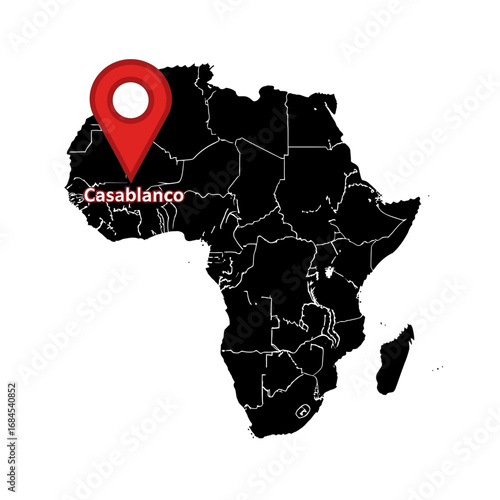 Geographic pinpoint over Casablanca highlighting the city's location within Africa
