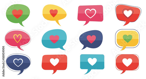 Collection of colorful speech bubbles with hearts symbolizing love and communication