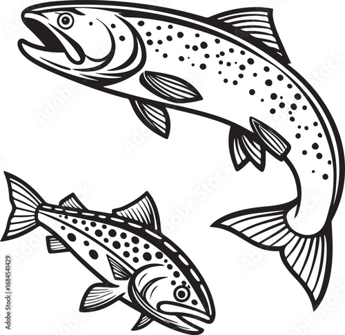 Creative illustration showing natural salmon species in their freshwater habitat.