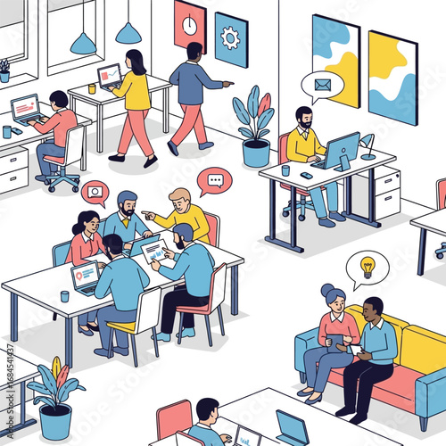 Isometric office space with people working and communicating