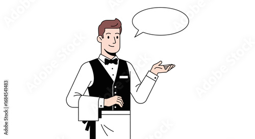 Elegant waiter presents menu offerings with speech bubble on a clean background