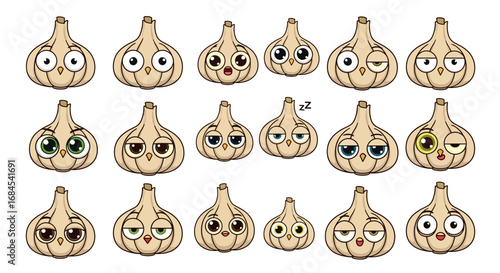 Collection of cartoon garlic bulbs displaying diverse facial expressions and emotions