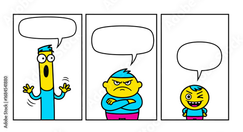 Comic strip featuring expressive cartoon characters with blank speech bubbles inviting creative