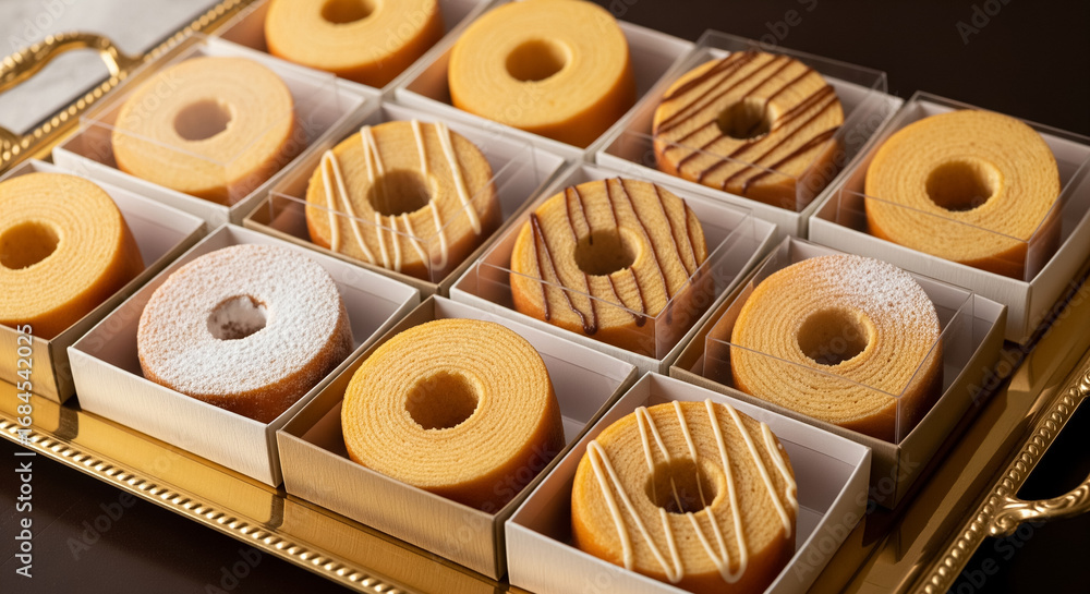 Fototapeta premium Assortment of Mini Baumkuchen in a Luxury Gift Box