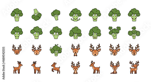 Whimsical broccoli and deer illustrations in a cute and playful arrangement concept design