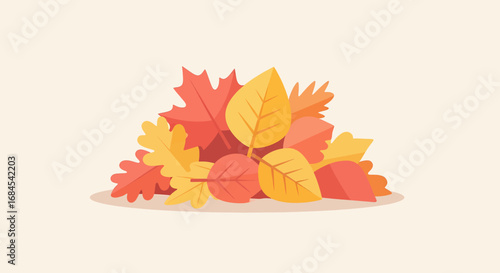 Vibrant autumn leaves and acorns gathered together in a colorful illustration from a top-down viewpoint.