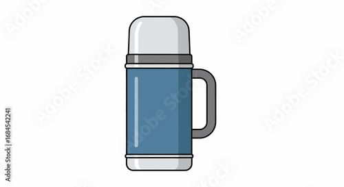 Vector illustration of a blue thermos flask with handle and lid viewed from the side