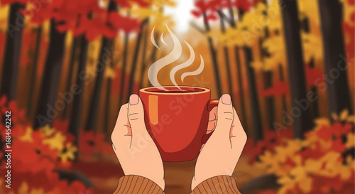 Hands holding a steaming cup of coffee in a vibrant autumn forest landscape illustration