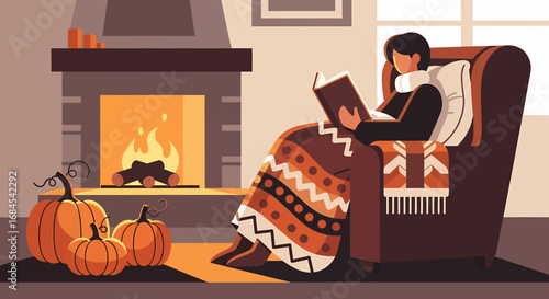 Woman relaxing in a cozy armchair with a blanket and pumpkins by the fireplace reading a book on a cold winter evening indoors
