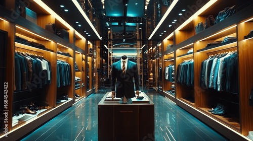 Elegant men’s fashion boutique featuring a mannequin dressed in a tailored black suit with a striped tie