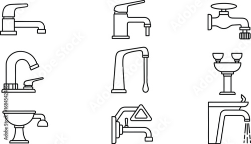 Faucet types plumbing fixtures water taps bathroom kitchen outline