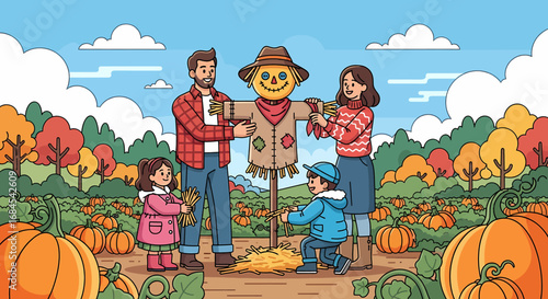 Family of four enjoying autumn day at pumpkin patch with scarecrow, surrounded by vibrant fall foliage and pumpkins, viewed from a slight elevation