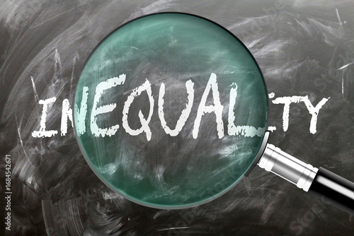 Inequality - learn, study and inspect it. Taking a closer look at inequality. A magnifying glass enlarging word 'inequality' written on a blackboard ,3d illustration
