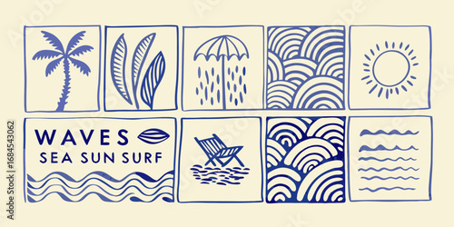 Nautical collage featuring palm tree surfboards sun waves and beach chair with text