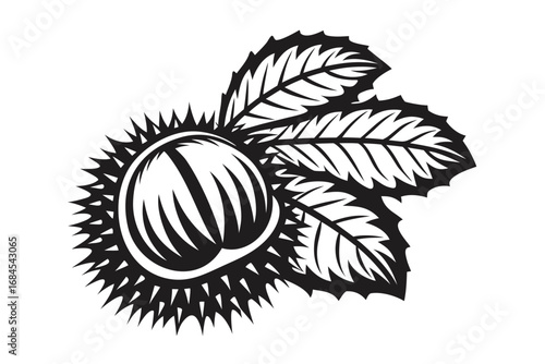 Chestnut bur With Leaves Icon in Monochrome White Background