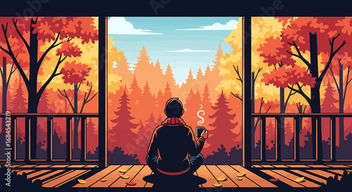 A serene illustration of a person sitting on a wooden porch, enjoying a hot drink while overlooking a vibrant autumn forest landscape