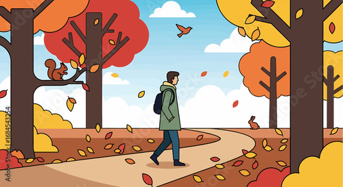 A tranquil journey through a vibrant autumn park, with a person walking along a scenic path as leaves fall