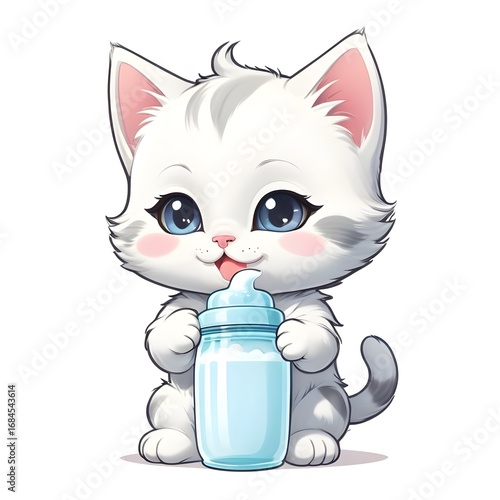 Cute Kawaii Kitten Drinking Milk Bottle – Adorable Chibi Cat Illustration on White Background