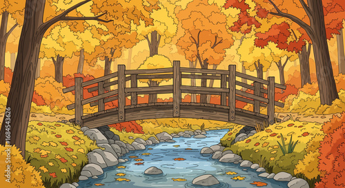 Serene autumn park landscape with a wooden footbridge crossing a tranquil river. Colorful fall foliage and trees in a peaceful forest setting illustration