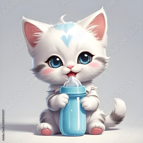 Cute Kawaii Kitten Drinking Milk Bottle – Adorable Chibi Cat Illustration on White Background