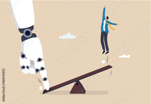 Artificial intelligence to support and help business success, AI automation tech, innovation boost employee development, assistant for improvement concept, robot hand help businessman jump on seesaw
