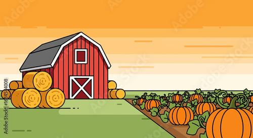 Vector illustration of an idyllic countryside farm with a red barn, haystacks, and a vibrant pumpkin patch under an orange autumn sky
