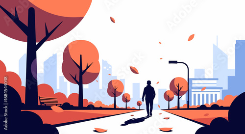 Solitary figure walks through an autumnal park with vibrant orange leaves against a minimalist city skyline, evoking a serene urban escape and personal reflection