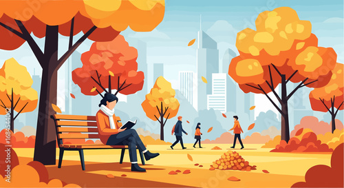 A serene illustration of a person enjoying a book on a park bench during a beautiful autumn day in a bustling city