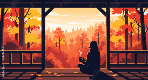 A moment of serene contemplation as a person sips a hot drink on a rustic porch, enveloped by the breathtaking and colorful splendor of an autumn forest at dusk
