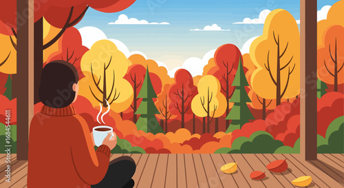 Cozy autumn morning with a warm drink on a rustic porch, overlooking a vibrant fall forest landscape. A serene moment of seasonal beauty and tranquility