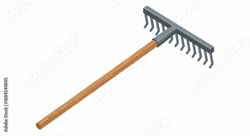 Gardening Tool Metal Rake with Wooden Handle - Isometric Illustration
