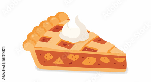 Delicious slice of freshly baked traditional apple pie with a golden lattice crust and a dollop of whipped cream, a classic sweet dessert pastry illustration